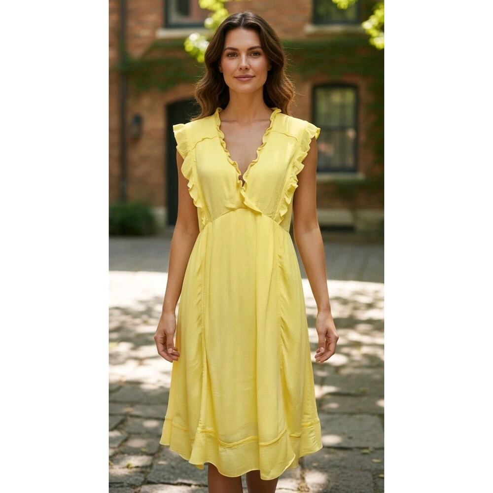 Ava James Womens Size XL Shift Midi Dress Yellow V-Neck Sleeveless Ruffle Pleats